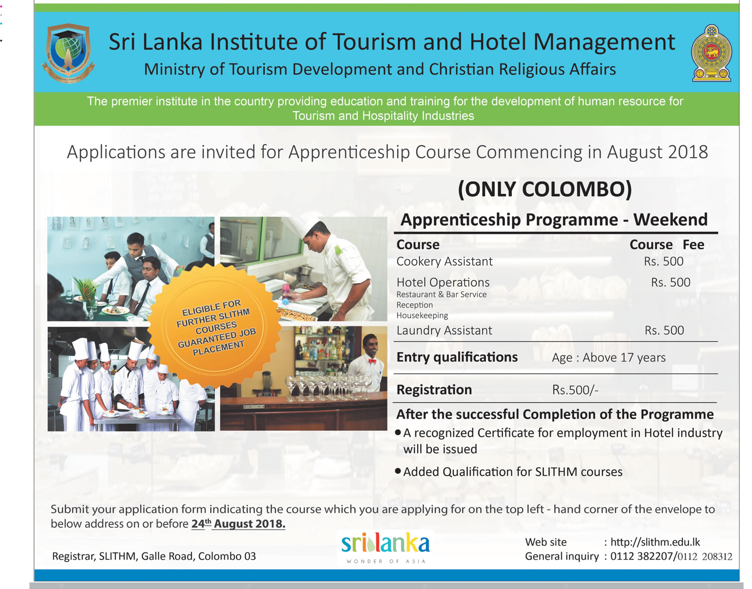 Apprenticeship Course (Cookery Assistant, Hotel Operations, Laundry Assistant) - Sri Lanka Institute of Tourism & Hotel Management